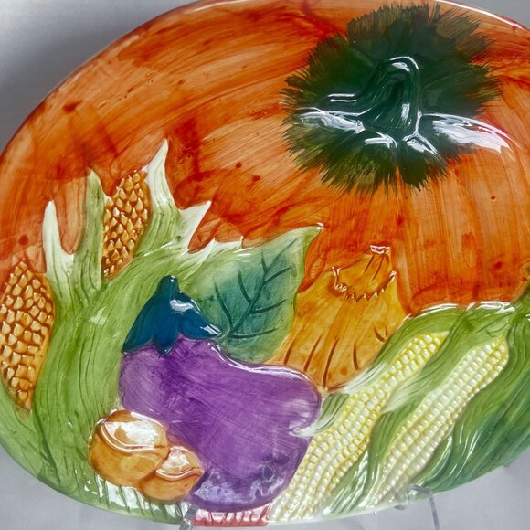 Vtg Large Ceramic Vegetable Harvest Platter Hand-Painted Pumpkin Corn Eggplant - Picture 2 of 9